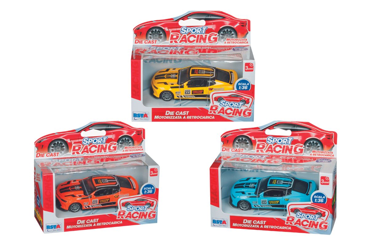 Auto die cast Sport Racing in scala 1:36 a retrocarica in metallo, vista frontale