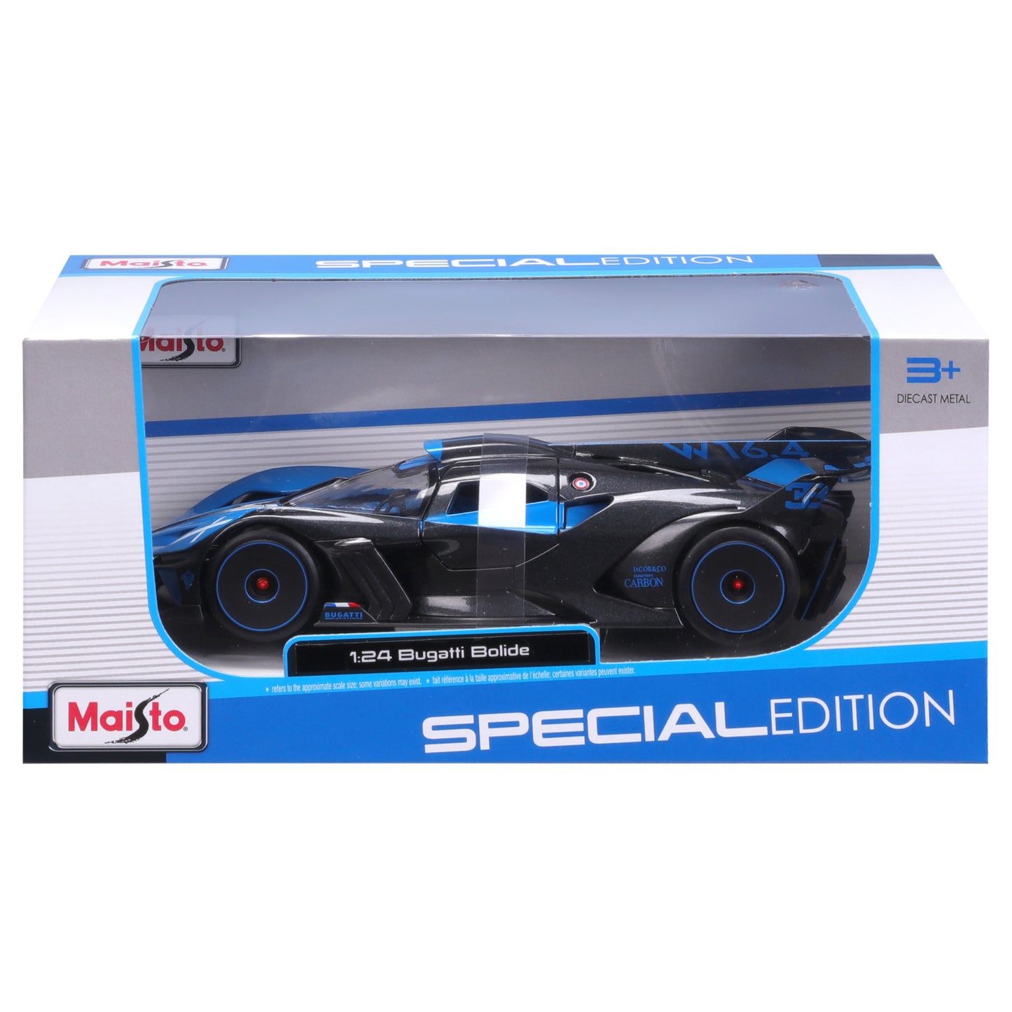MODELLINO DIE CAST BUGATTI BOLIDE BLU E CARBONIO - 1:24 - 32911