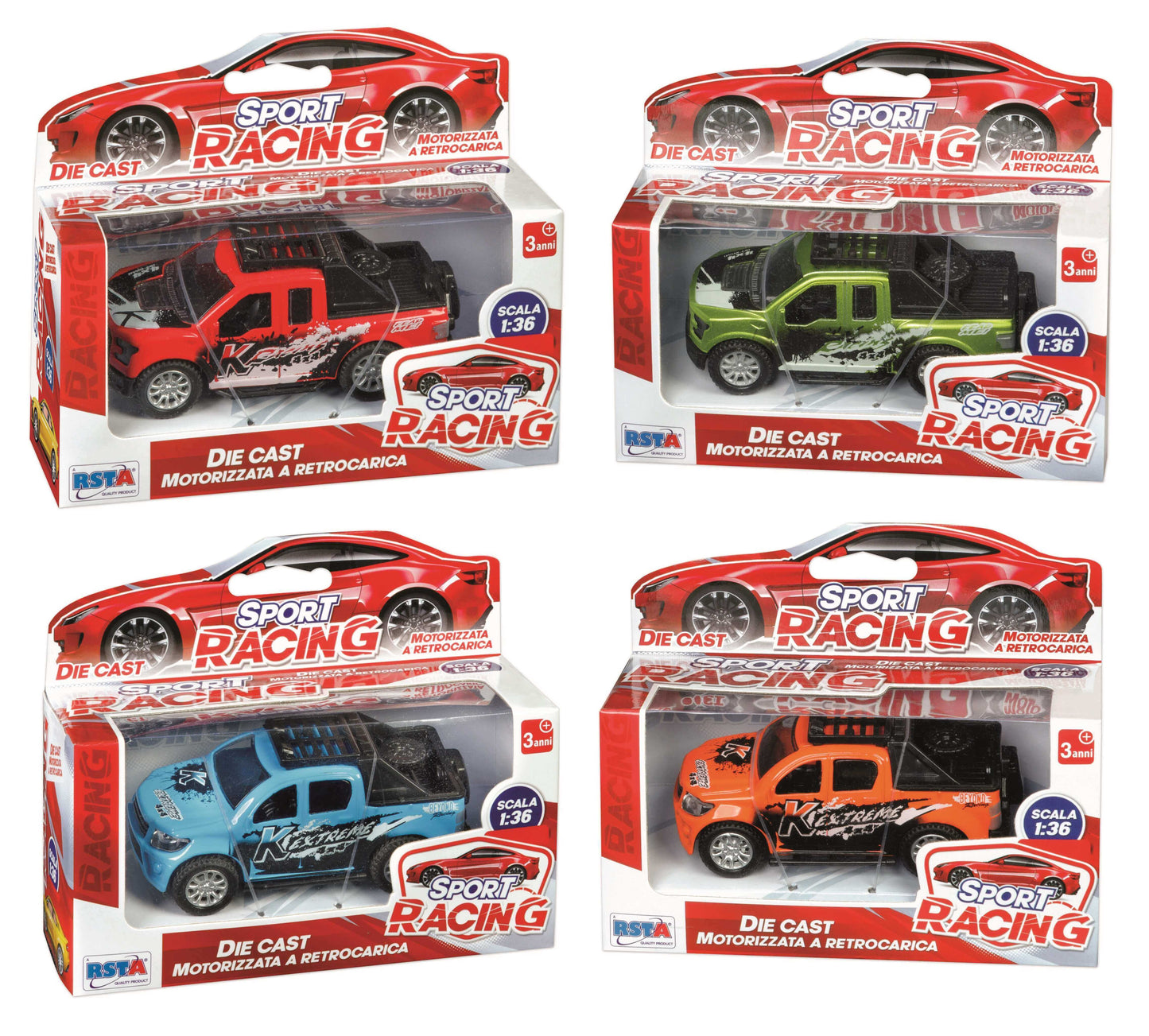Auto racing die cast in scala 1:36 a retrocarica motorizzata in metallo, vista laterale