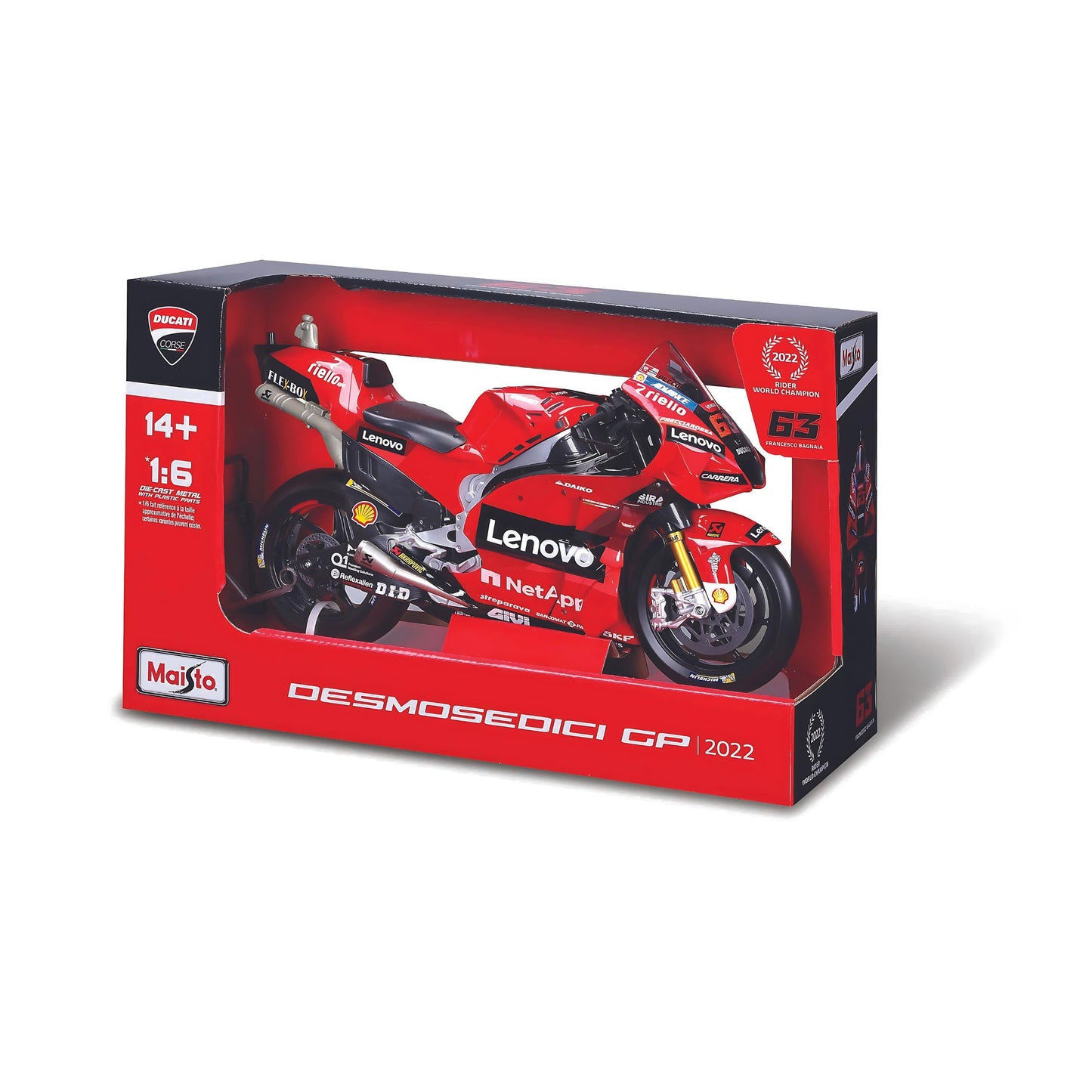 MODELLINO DIE CAST DUCATI DESMOSEDICI TEAM LENOVO N.63 FRANCESCO BAGNAIA - CAMPIONE DEL MONDO 2022 - 1:6 - 32229