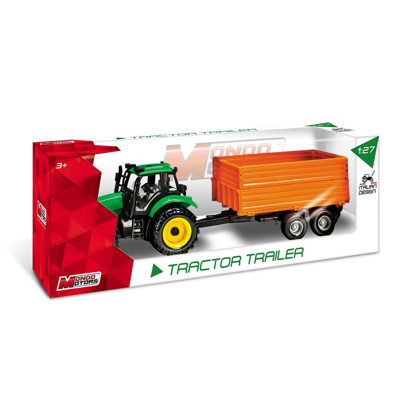 Modellino trattore agricolo con rimorchio 1:27 vista laterale