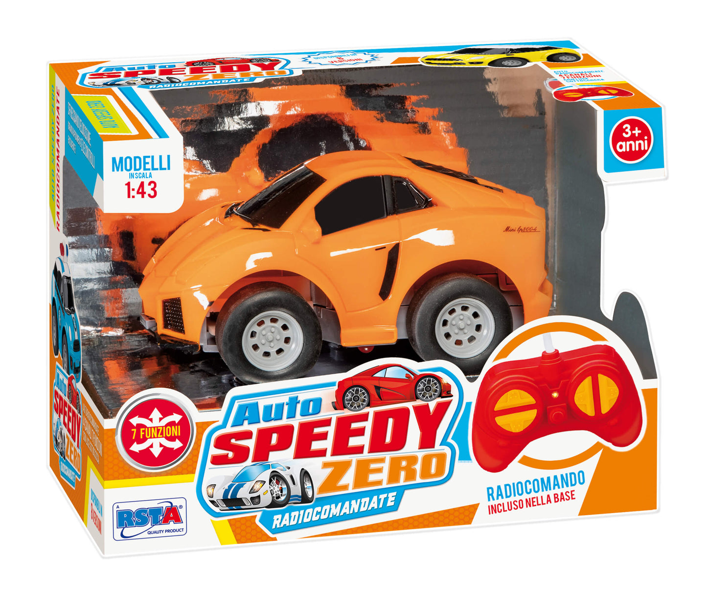 Auto radiocomandata Speedy Zero 1:43 colore arancione con telecomando incluso, vista frontale