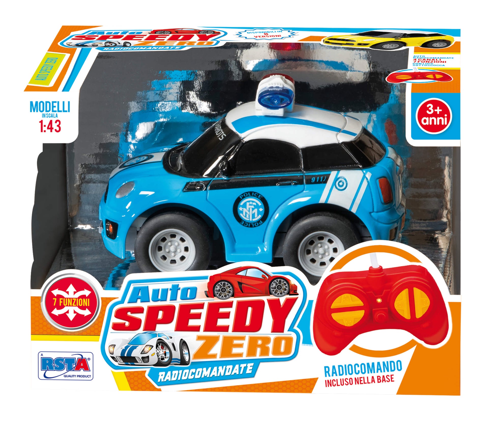 Auto radiocomandata Speedy Zero 1:43 colore blu con telecomando incluso, vista frontale