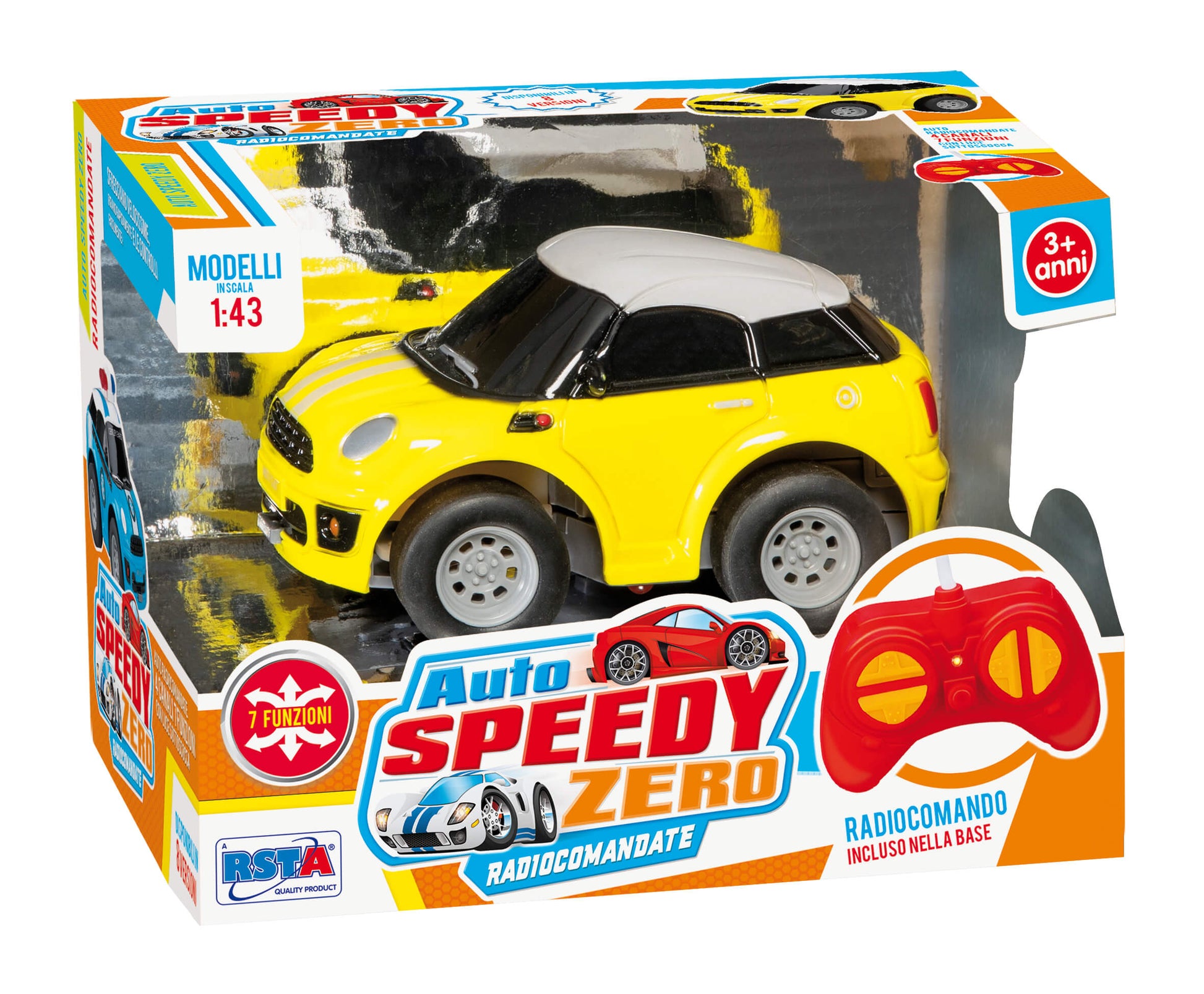 Auto radiocomandata Speedy Zero 1:43 colore giallo con telecomando incluso, vista frontale