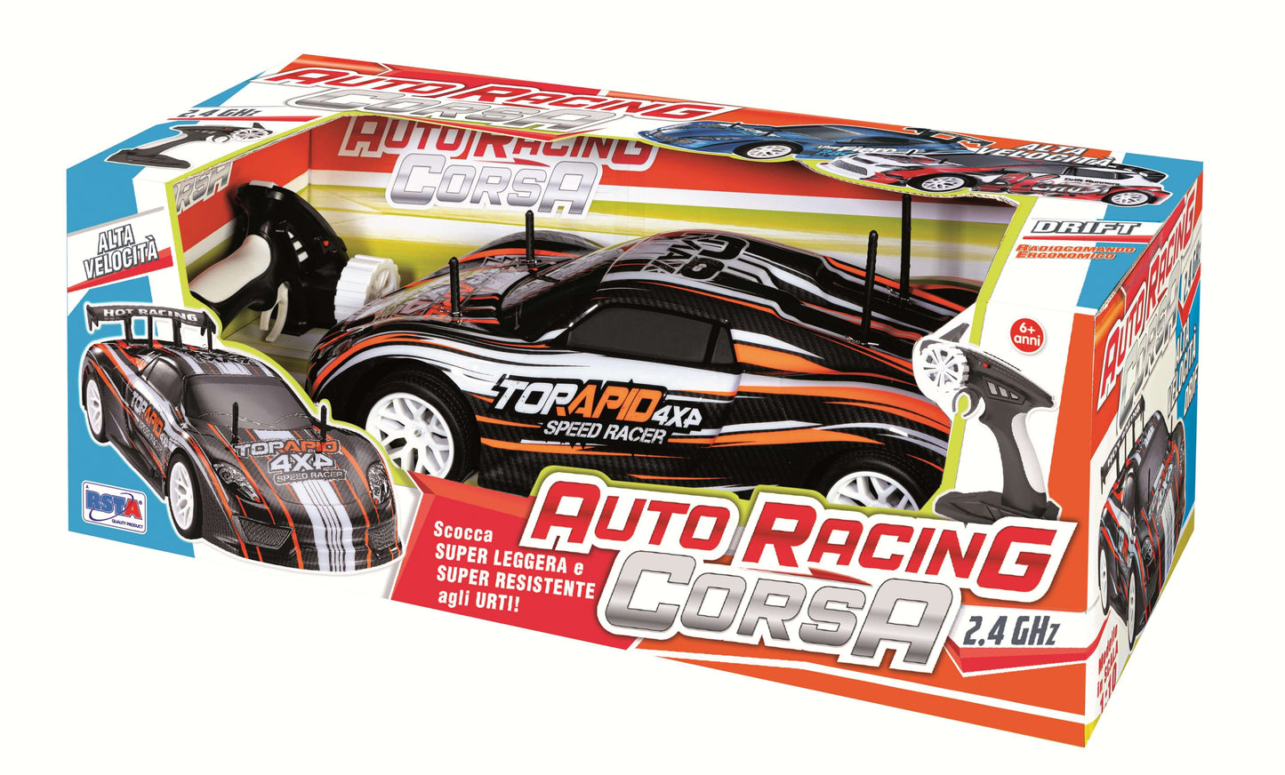 Auto racing radiocomandata 2,4 GHz con radiocomando ergonomico e scocca superleggera anti-urto