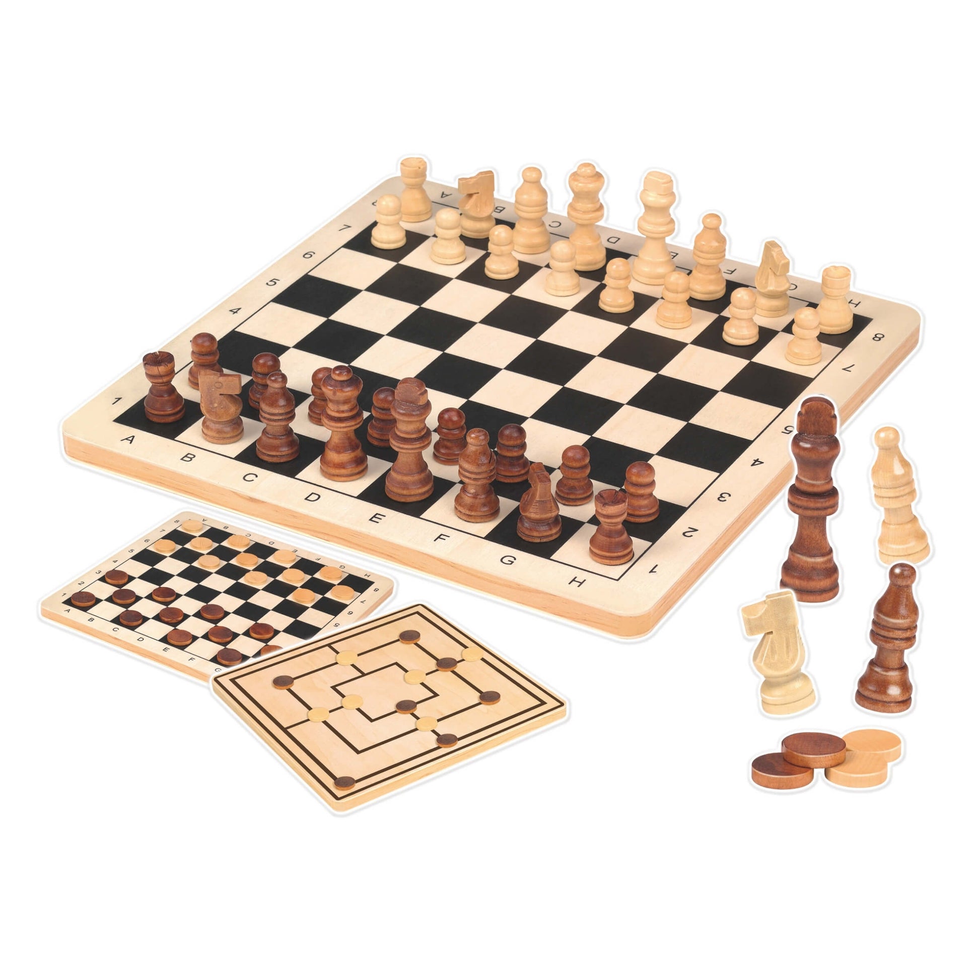 Set 3in1 scacchi dama tria legno 29x29cm aperto con tutti i pezzi in legno