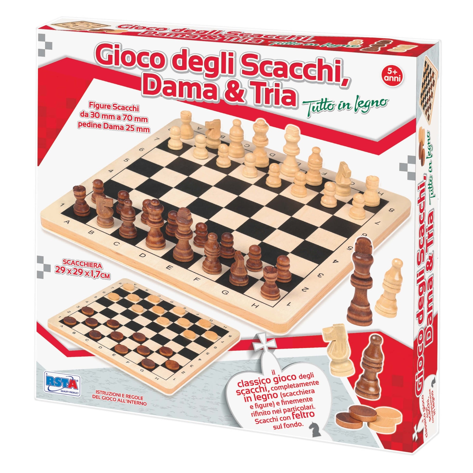 Set scacchi dama tria 3in1 legno 29x29cm con pezzi 30-70mm e pedine 25mm