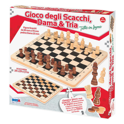 Set scacchi dama tria 3in1 legno 29x29cm con pezzi 30-70mm e pedine 25mm