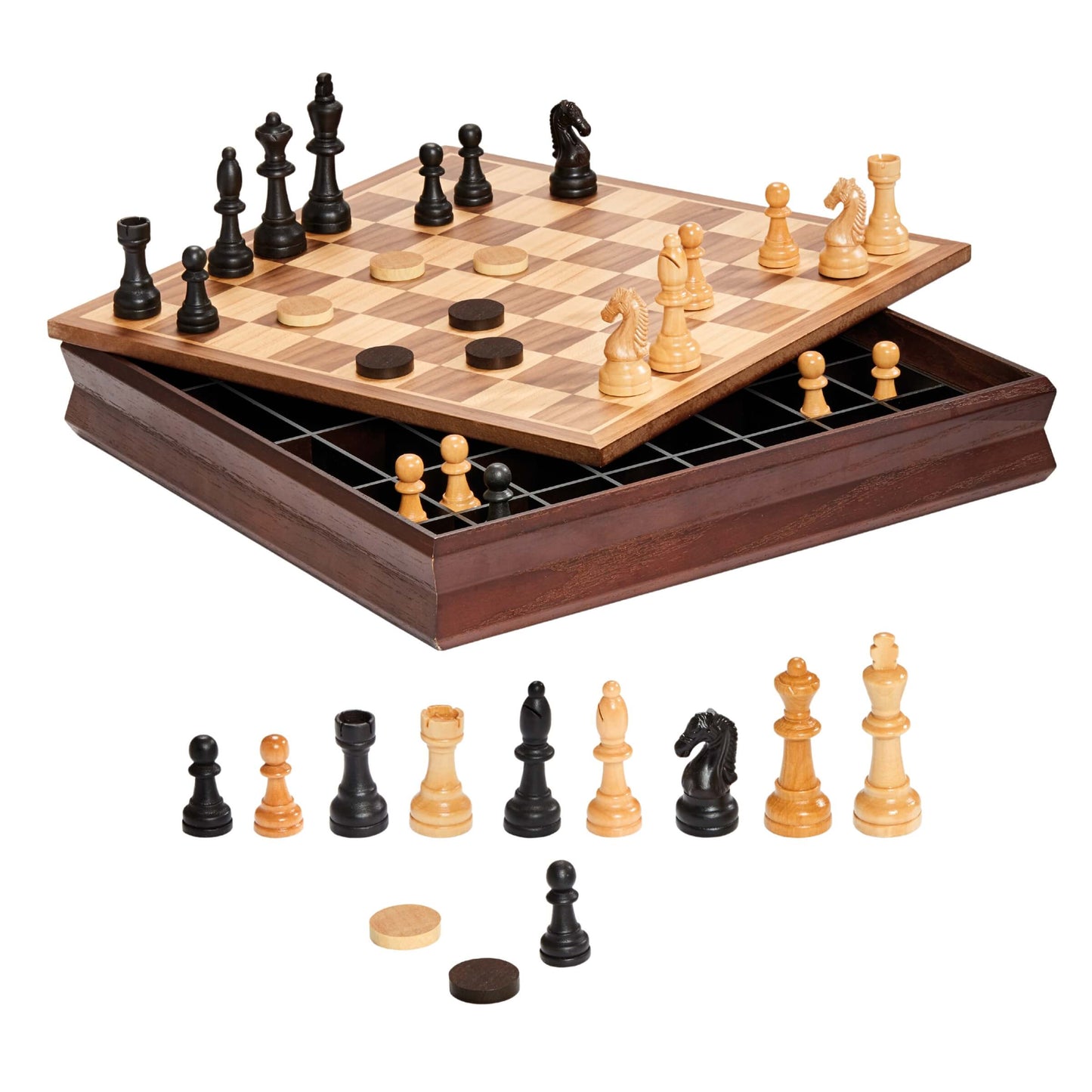 Set scacchi e dama scacchiera legno 31x31cm con pezzi piombati e contenitore