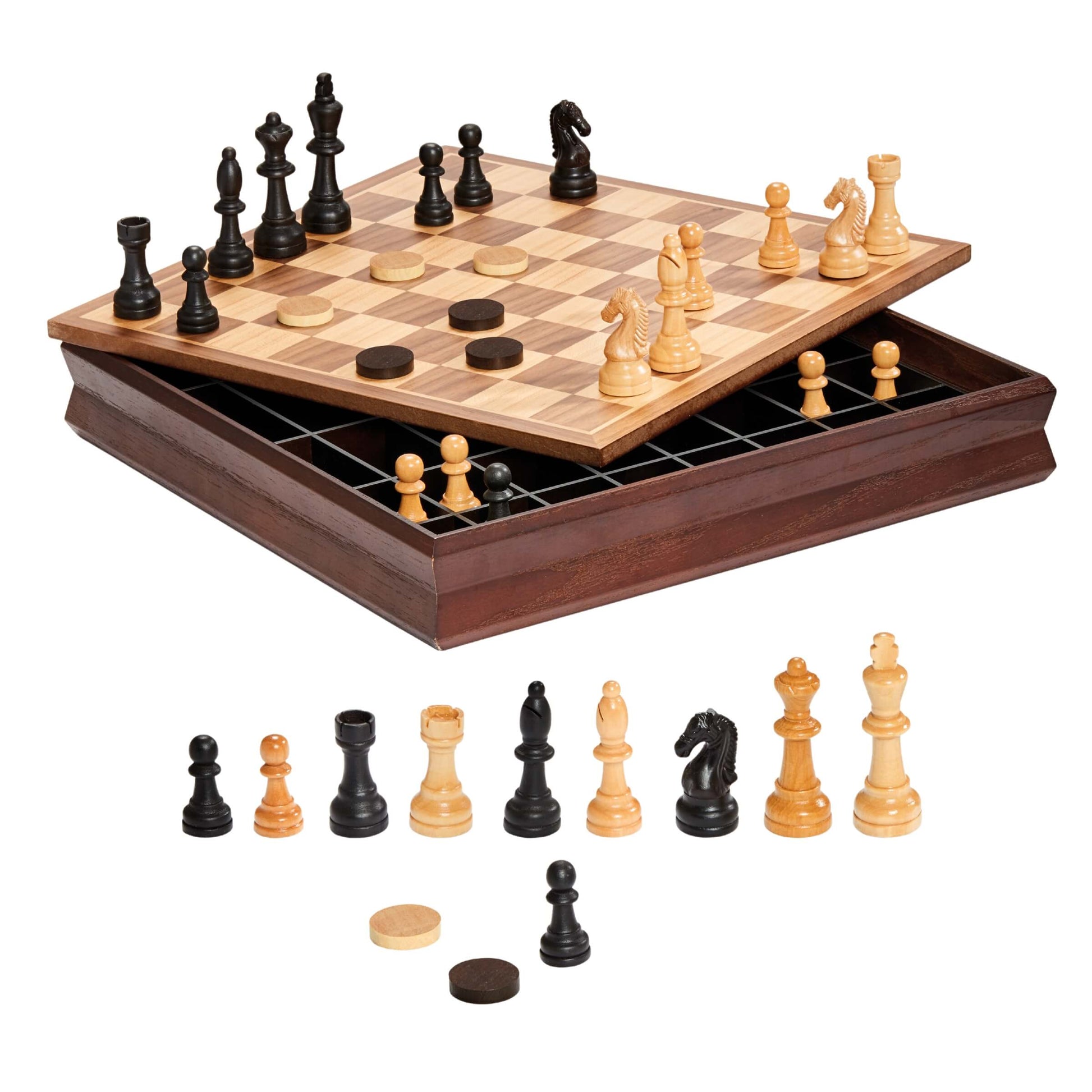 Set scacchi e dama scacchiera legno 31x31cm con pezzi piombati e contenitore