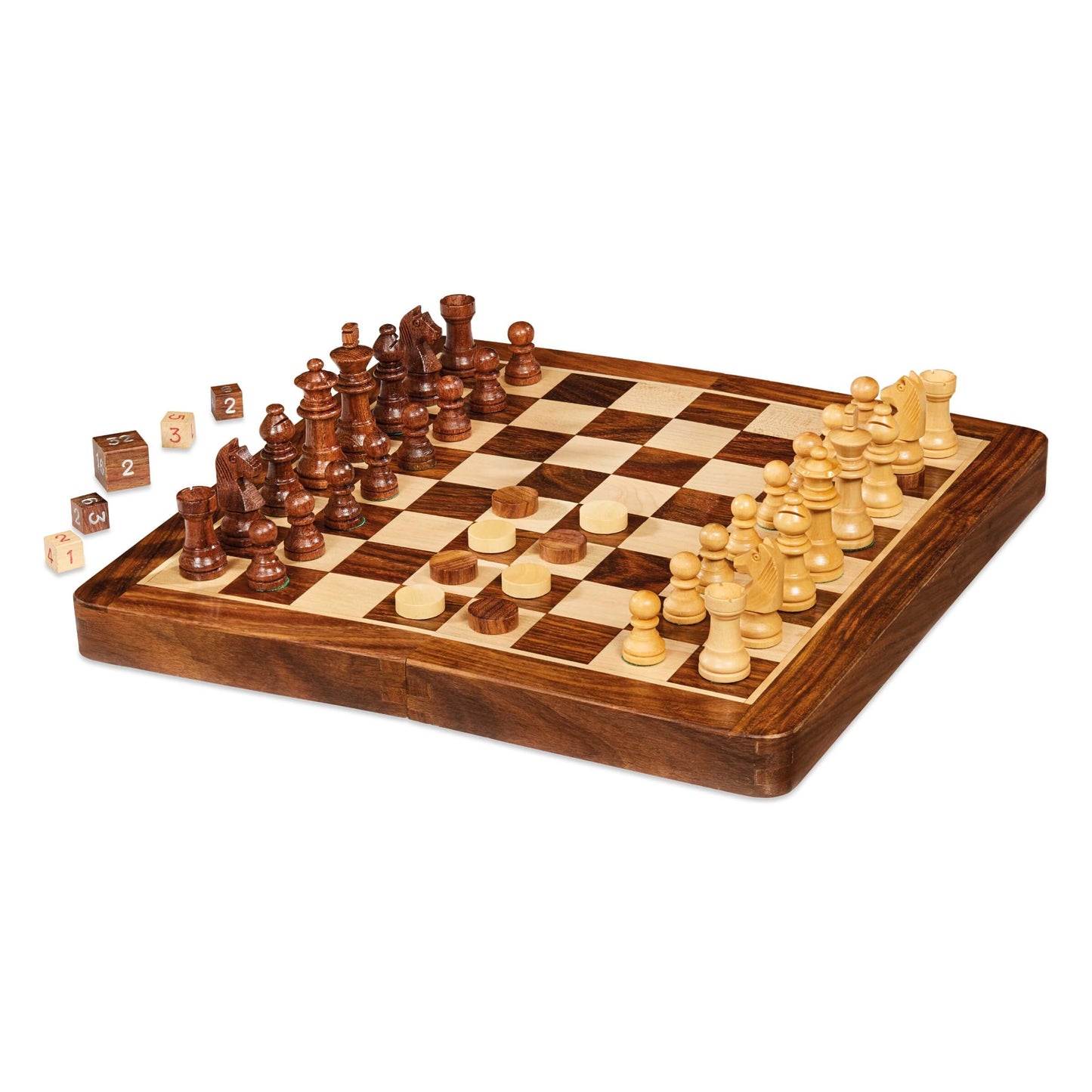 Scacchiera Magnetica Pieghevole 3 in 1 in Legno Set Scacchi Dama Backgammon con Dadi e Pedine