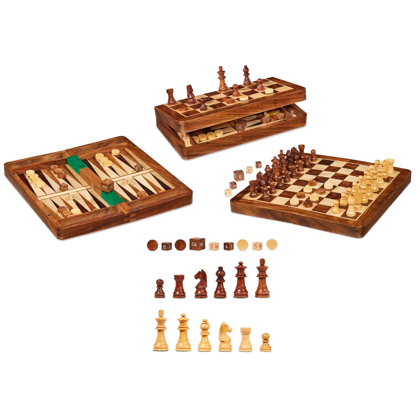 Scacchiera Magnetica Pieghevole 3 in 1 in Legno Set Scacchi Dama Backgammon con Dadi e Pedine