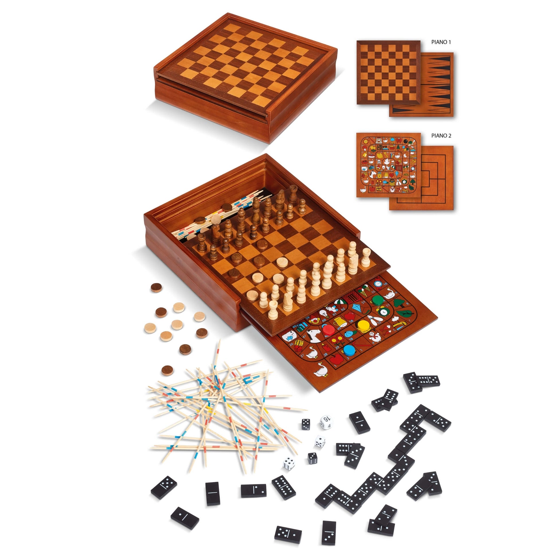 Multigioco in legno 7 in 1 Scacchi Dama Backgammon Shanghai cofanetto compatto