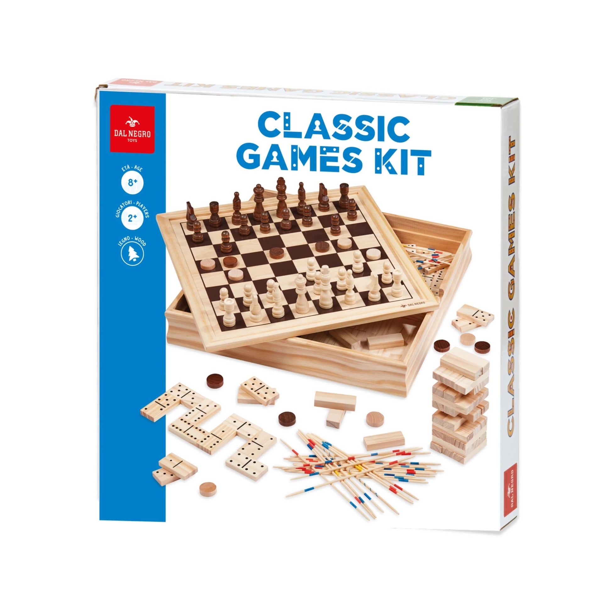 Classic Games Kit scatola di legno con scacchi domino Mikado dama e Jenga