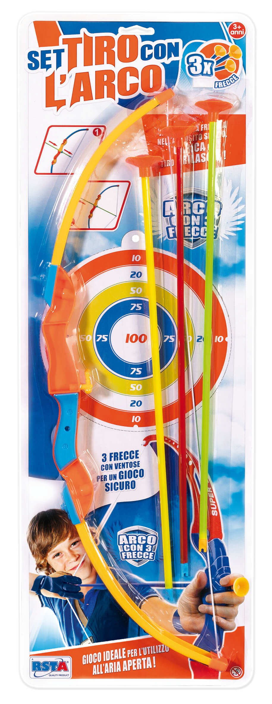 Set tiro con arco giocattolo con 1 arco e 3 frecce punta a ventosa