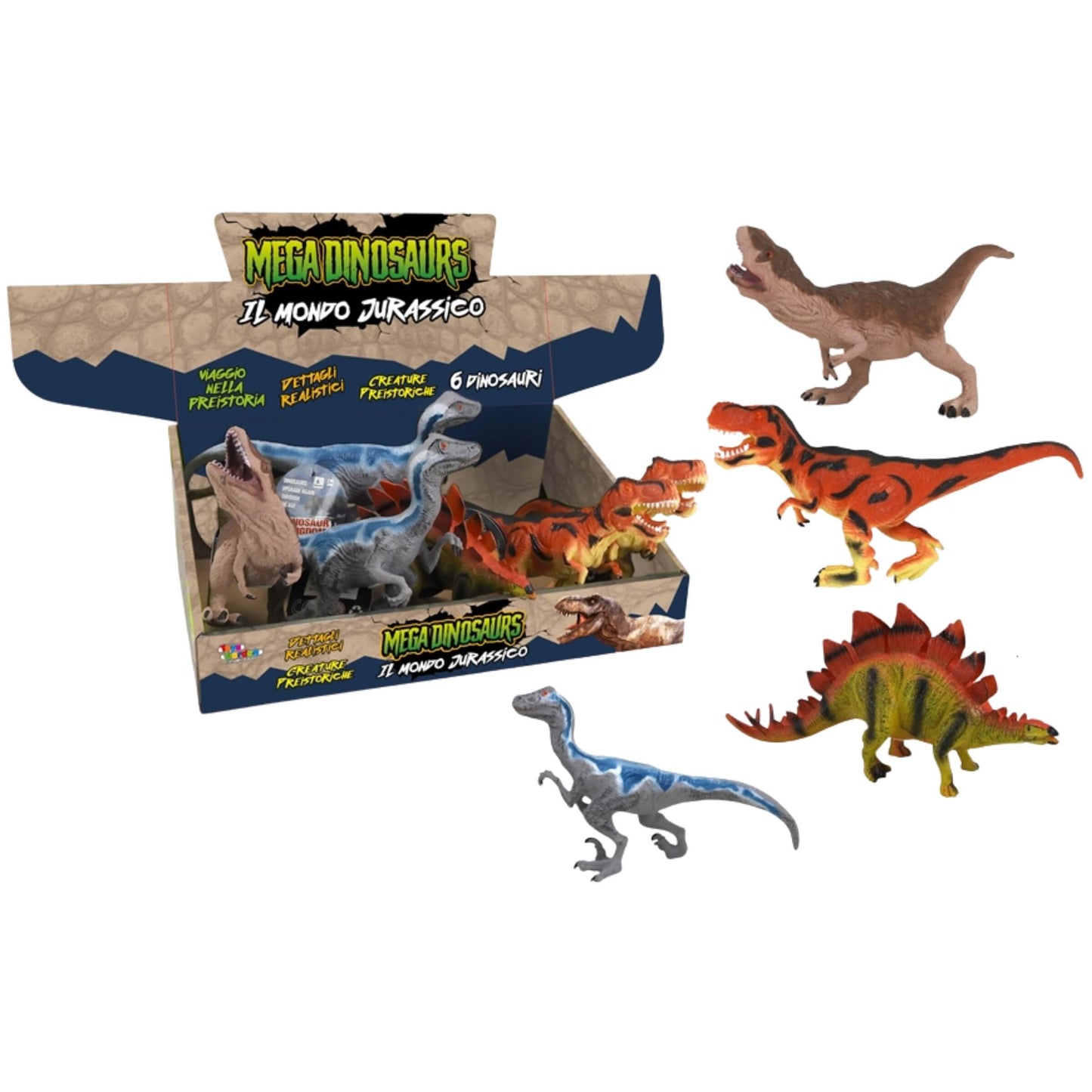 Display dinosauri in gomma 6pz luminosi sonori Brontosauro T-Rex Velociraptor Stegosauro