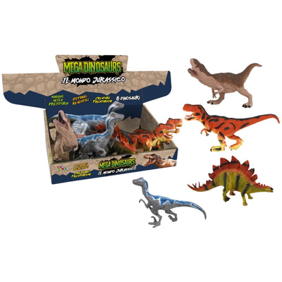 Display dinosauri in gomma 6pz luminosi sonori Brontosauro T-Rex Velociraptor Stegosauro