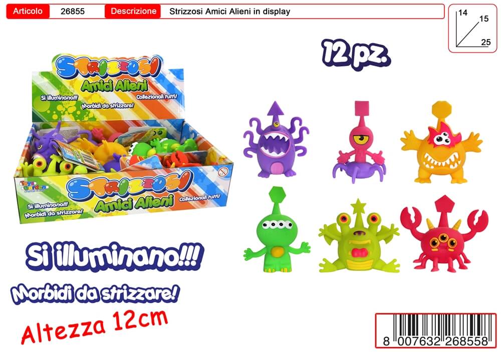 Display Amici Alieni 12pz alti 12 cm morbidi da strizzare luminosi forme colori unici
