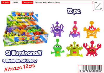 Display Amici Alieni 12pz alti 12 cm morbidi da strizzare luminosi forme colori unici