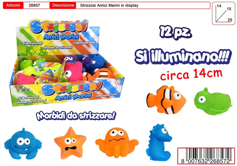 Display Amici Marini 12pz circa 14 cm morbidi luminosi pesci stelle marine polpi cavallucci