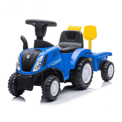 New Holland T7 Trattore Cavalcabile a Spinta per Bambini Blu con Rimorchio Suoni e Luci