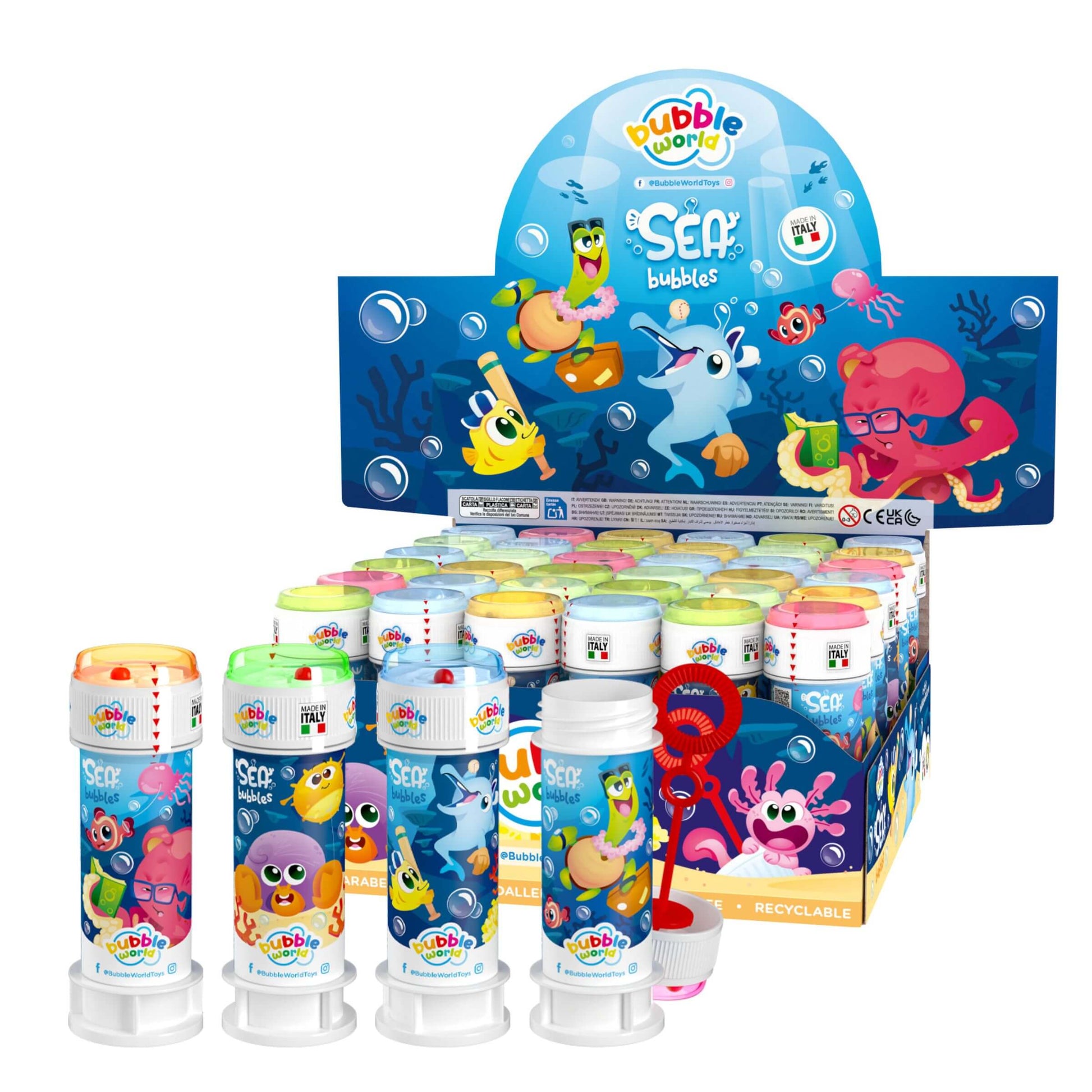Flacone bolle di sapone Bubble World Sea Bubbles 60ml con personaggi marini colorati 36pz