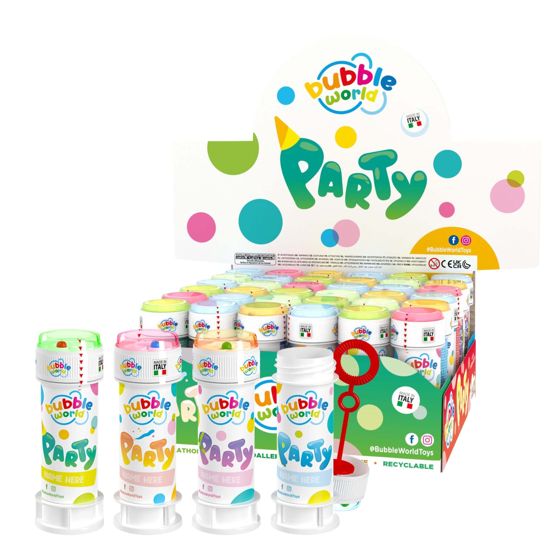 Flacone bolle di sapone Bubble World Party Bubbles 60ml grafica festosa pois colorati 36pz