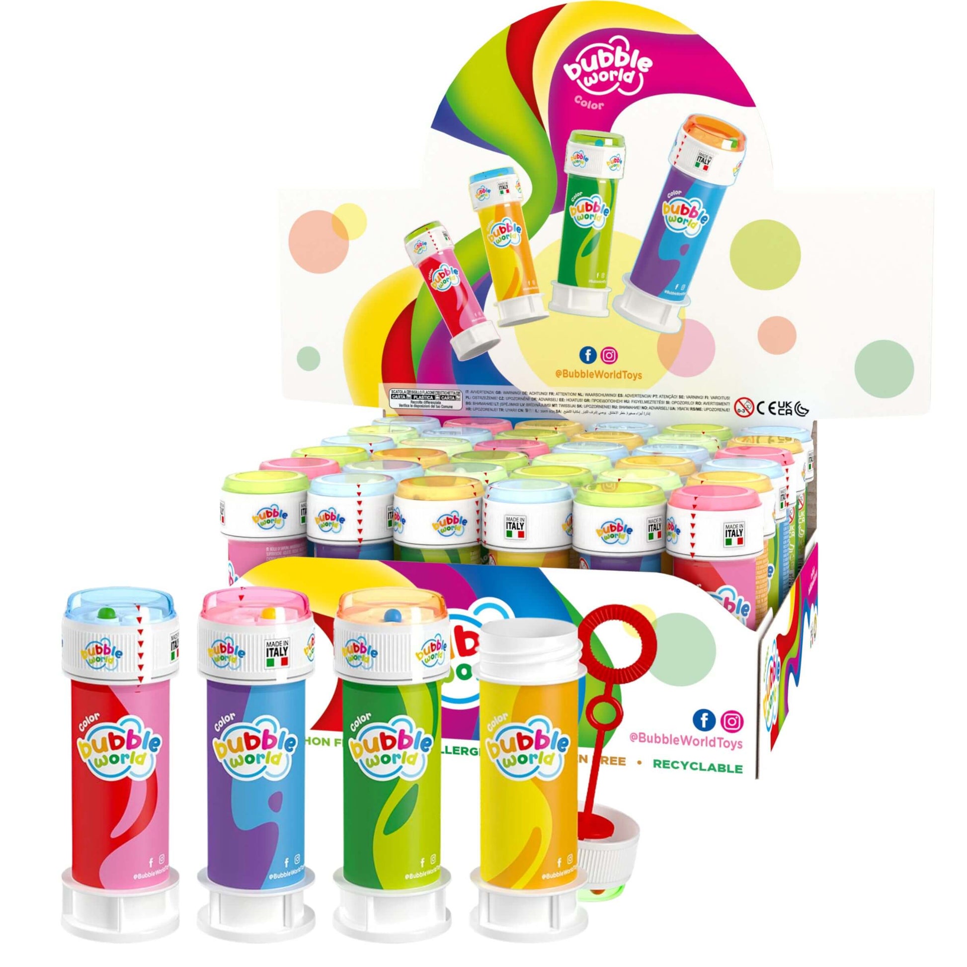 Flacone bolle di sapone Bubble World Color 60ml in colori assortiti blu rosa arancio giallo 36pz