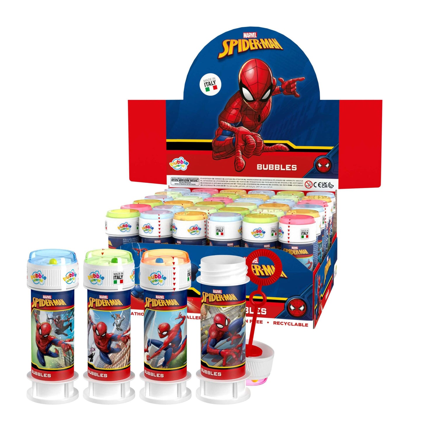 Flacone bolle di sapone Bubble World 60ml con Spider-Man Marvel in rosso e blu 36pz
