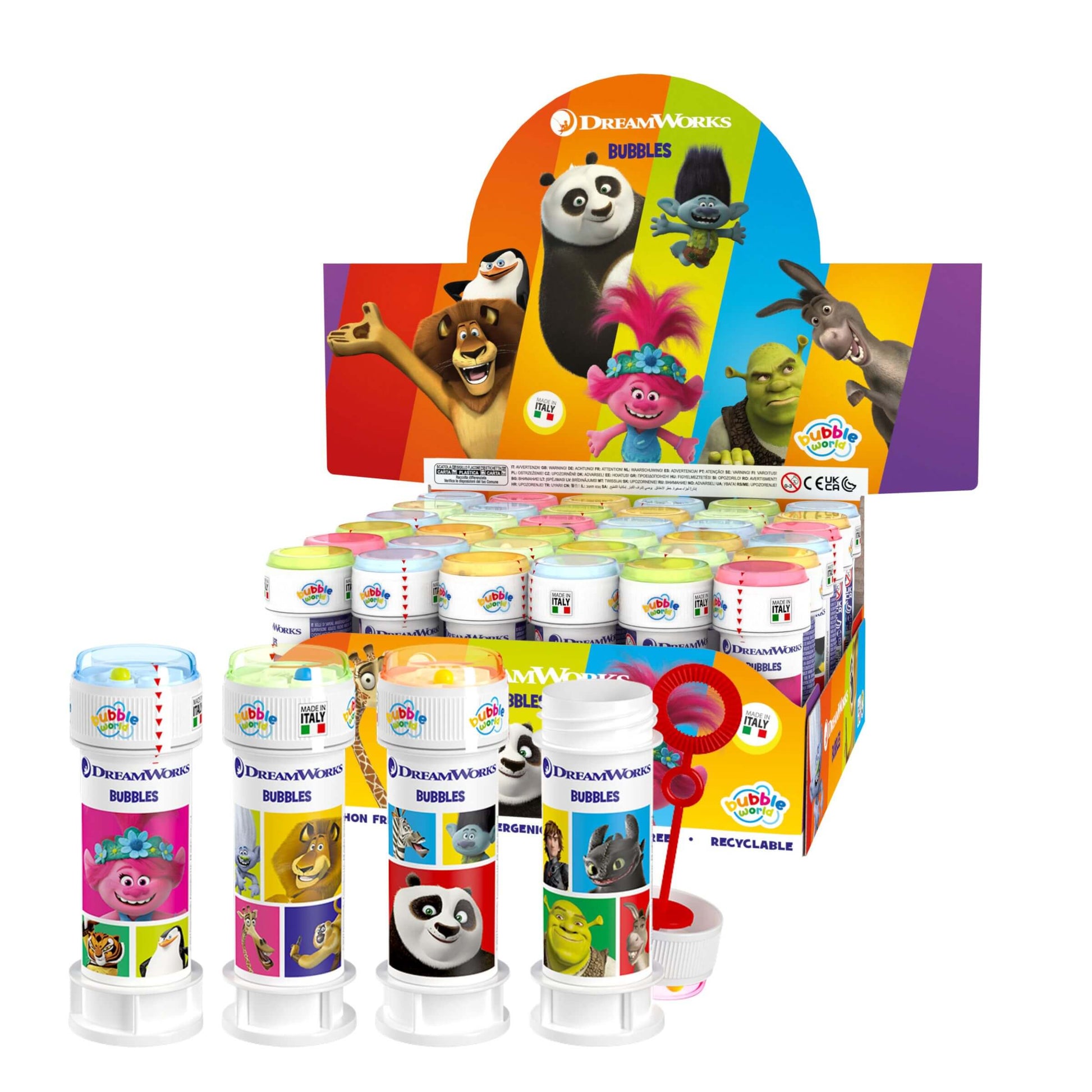 Flacone bolle di sapone Bubble World 60ml con personaggi DreamWorks Shrek Kung Fu Panda 36pz