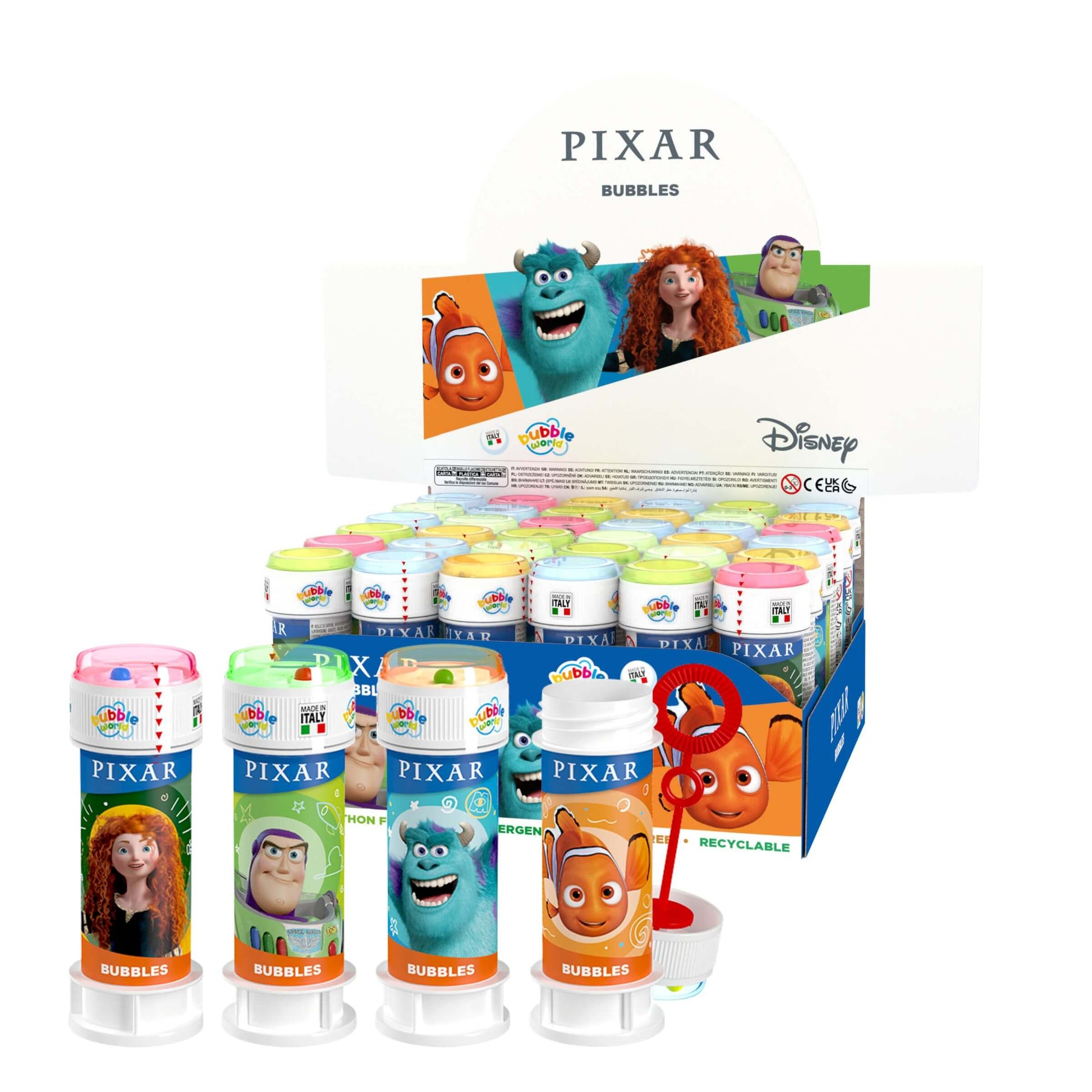 Flacone bolle di sapone Bubble World 60ml con illustrazioni personaggi Pixar 36pz