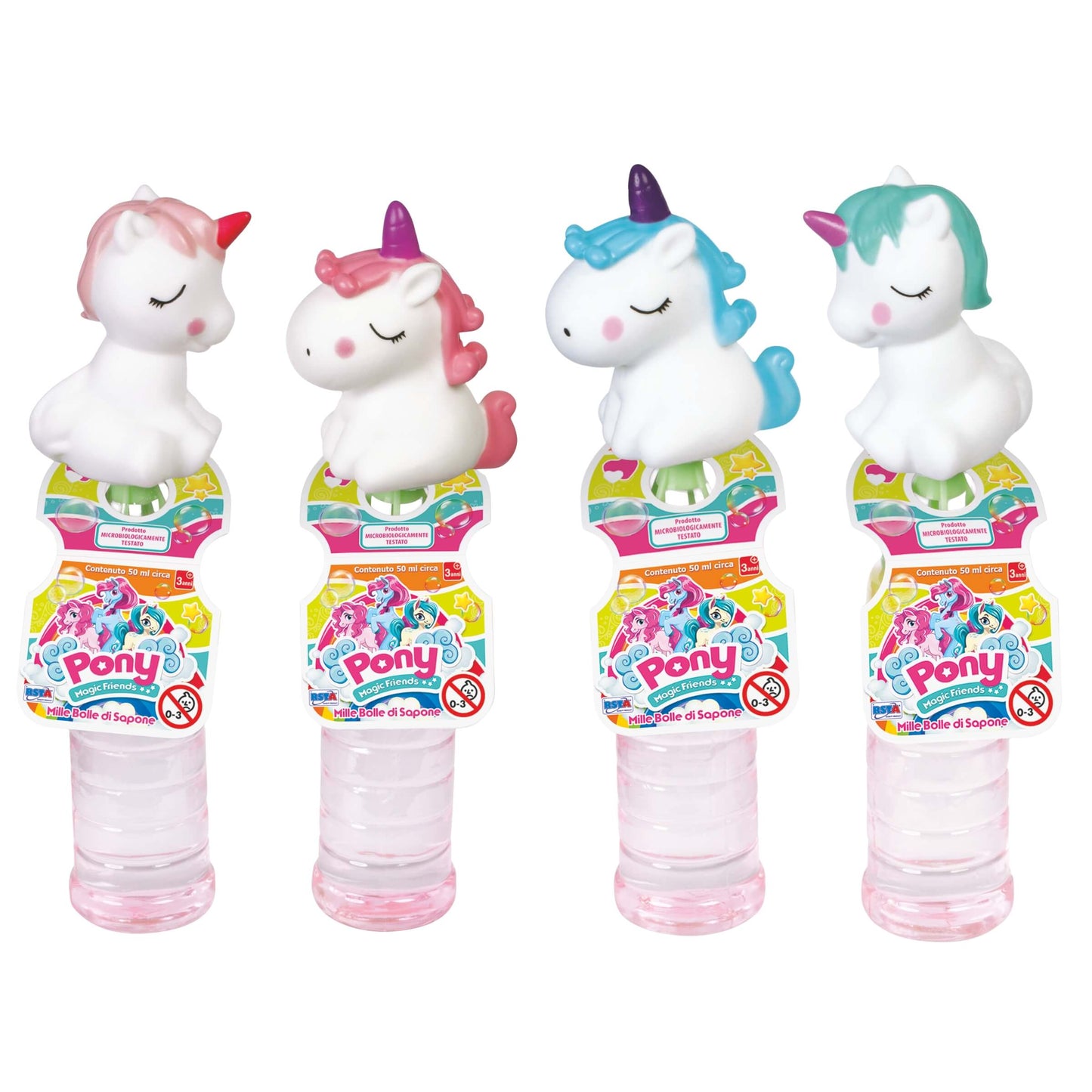 Bolle di sapone Unicorn Pony con tappo unicorno pastello, boccetta 50 ml RS Toys