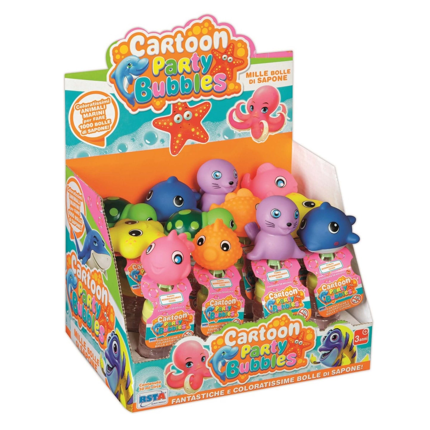 Bolle di sapone Cartoon Party con tappo animale marino, boccetta 50 ml RS Toys