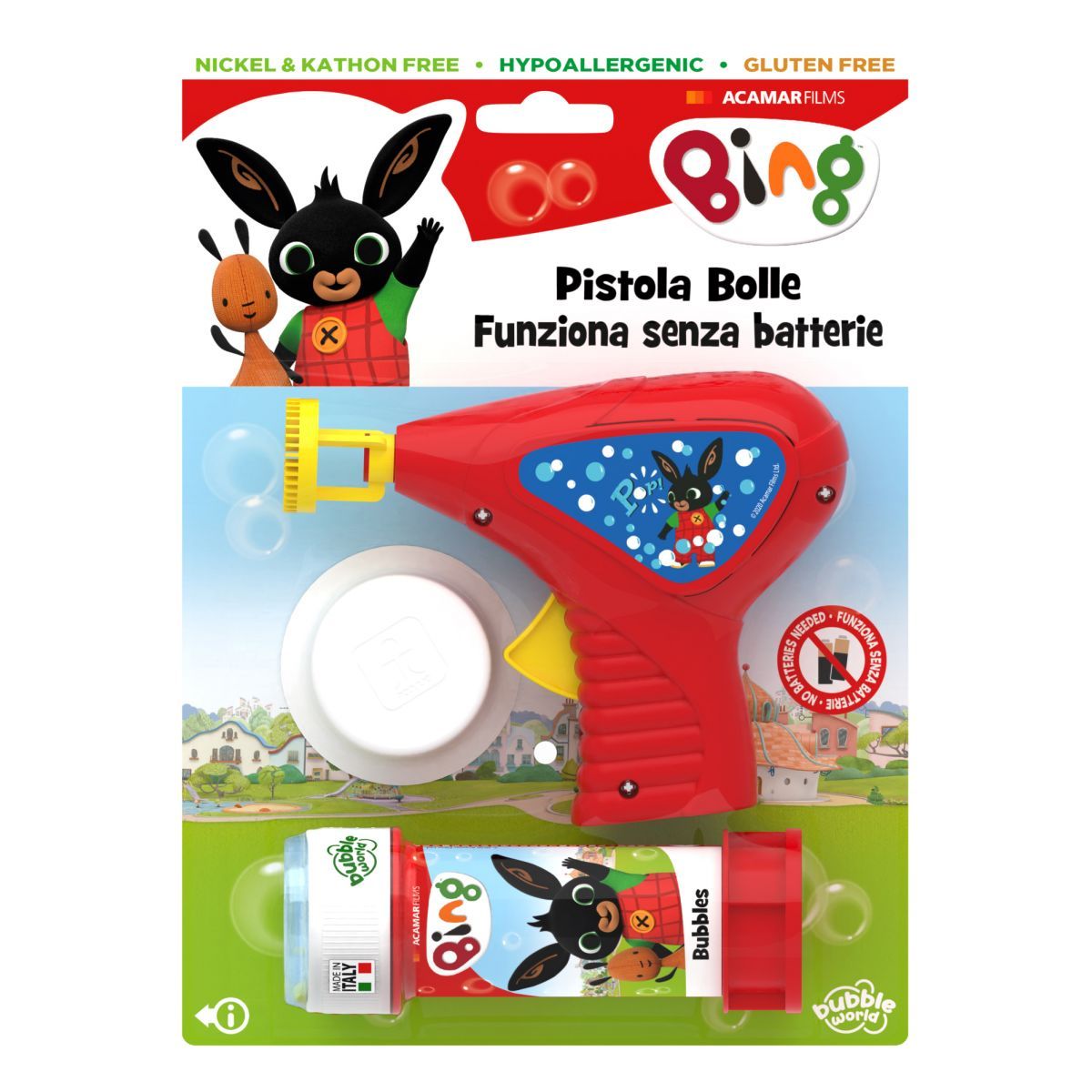 Blister pistola bolle sapone meccanica Dulcop Bing con Bubble World 60ml e vaschetta