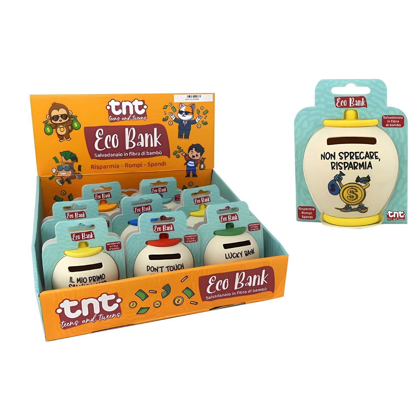 Salvadanaio TnT Eco Bank 9 cm in fibra di bambu con frasi motivazionali