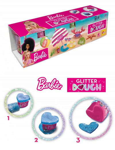 Barbie Dough Glitter Kit Summer 300 gr con 3 vasetti cuore glitterati e 3 stampini icone Barbie