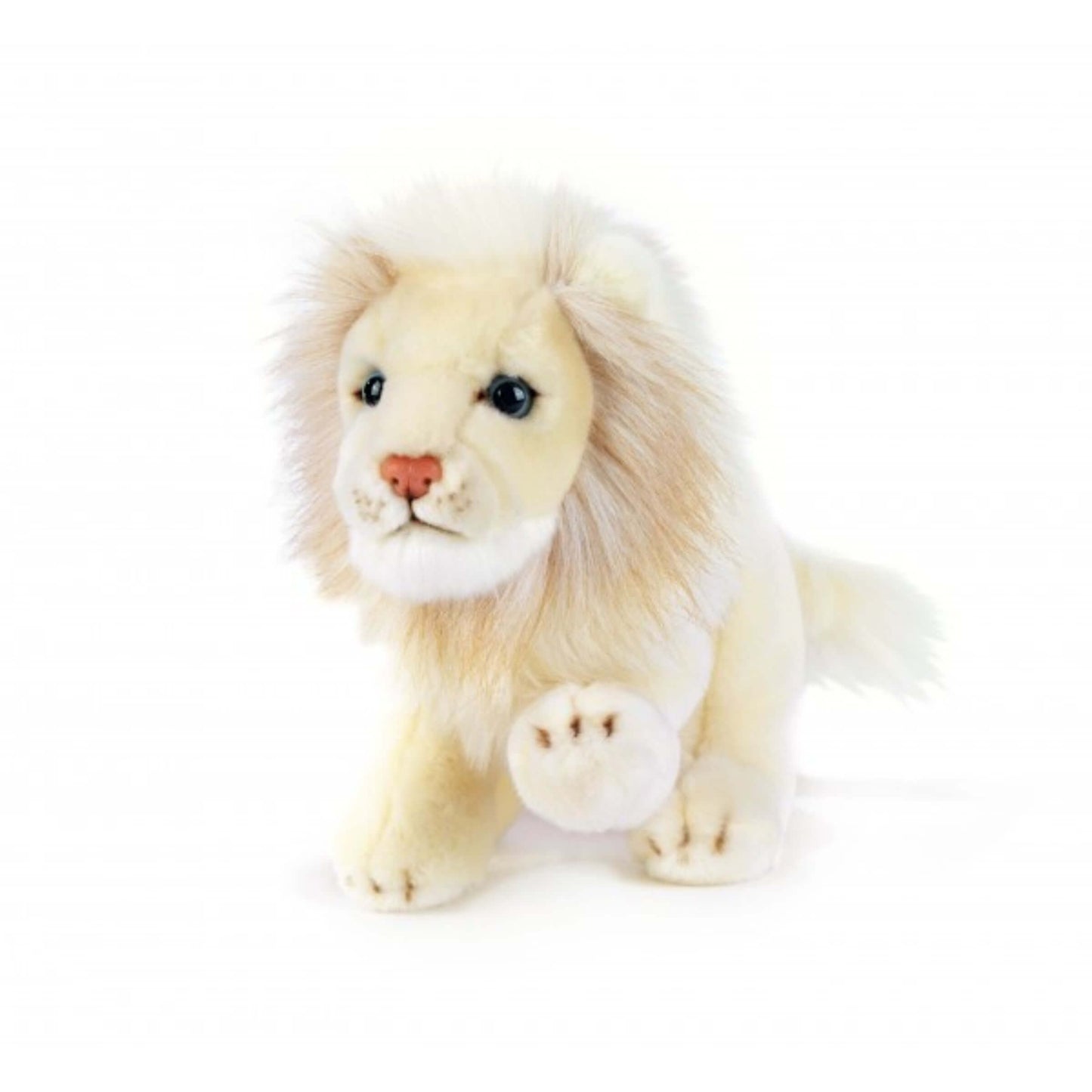 Peluche leone bianco Asly 21 cm con occhi azzurri e criniera folta, in morbido tessuto sicuro per bambini