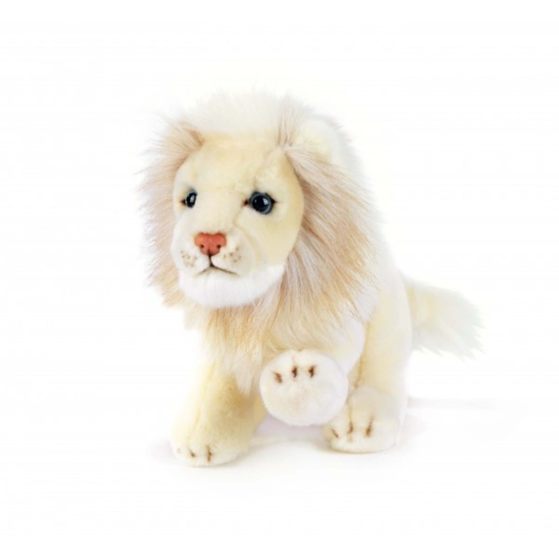 Peluche leone bianco Asly 21 cm con occhi azzurri e criniera folta, in morbido tessuto sicuro per bambini