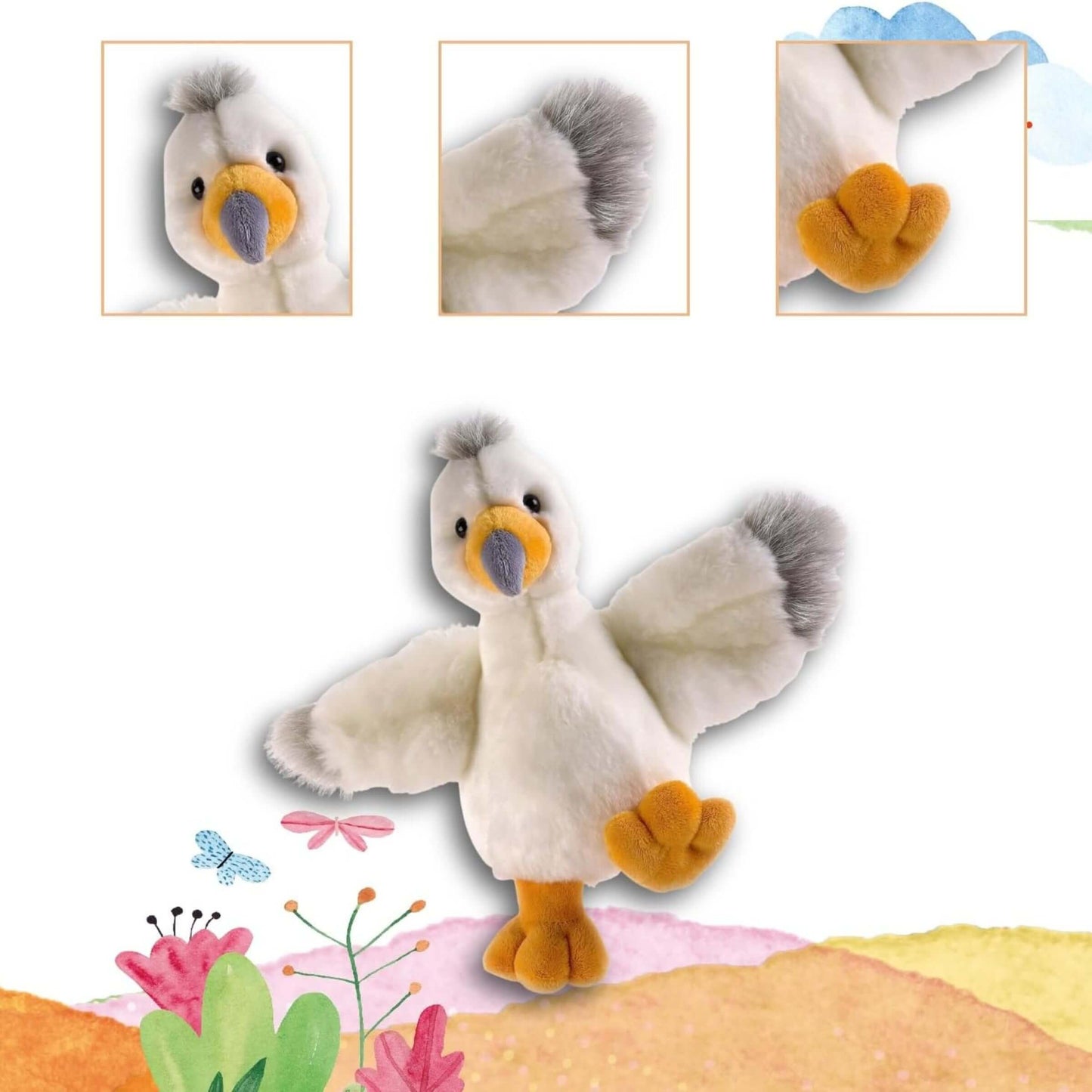 Peluche gabbiano Miu Miu 26cm dettaglio muso espressione allegra