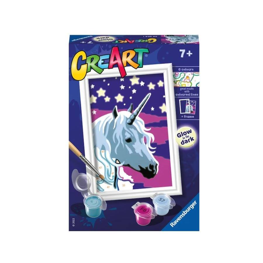 Kit pittura per numeri CreArt livello F Ravensburger unicorno glow in the dark