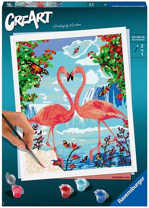Kit pittura per numeri CreArt livello D Ravensburger con fenicotteri innamorati
