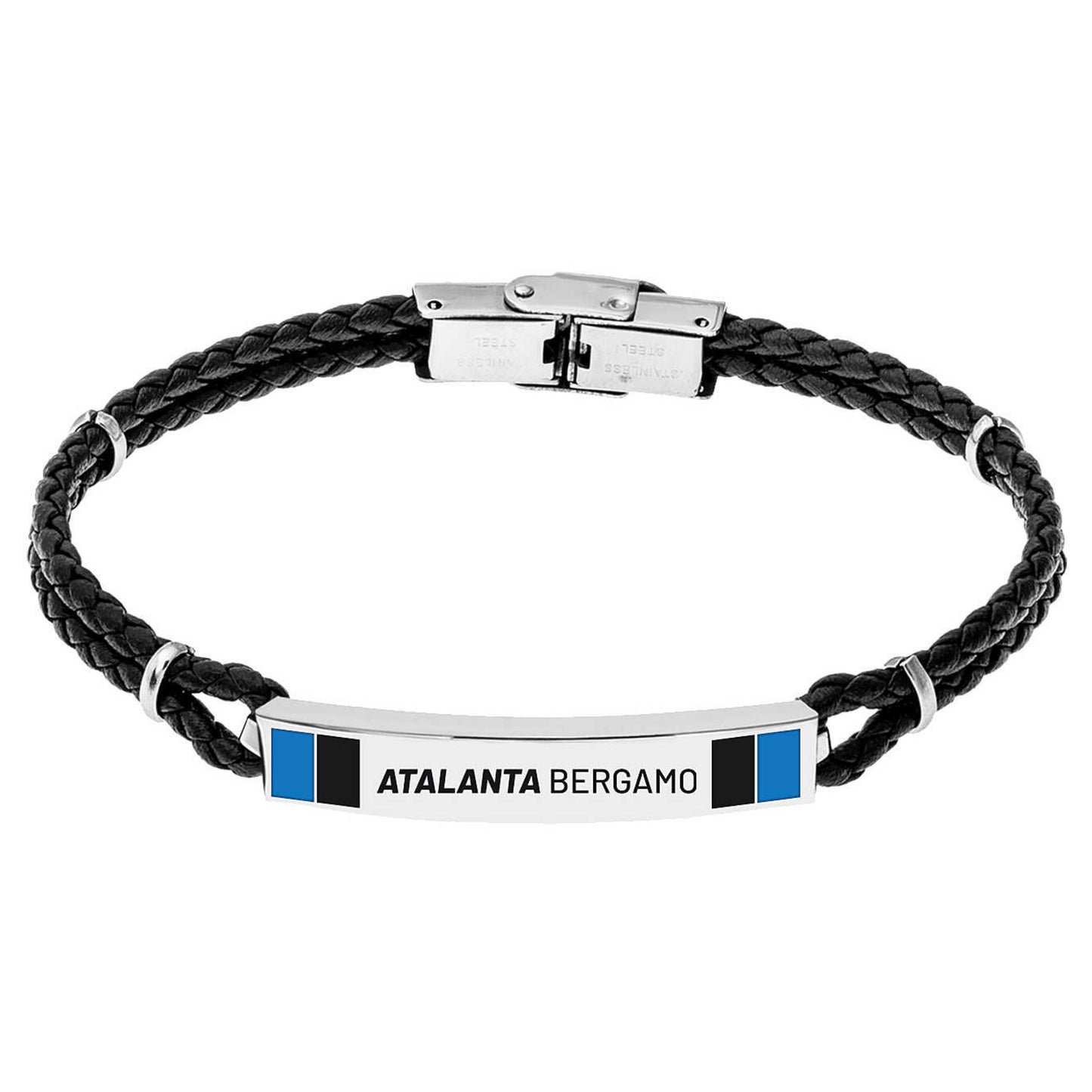 Bracciale ufficiale Atalanta in acciaio 316L con piastra smaltata bicolor nero e azzurro regolabile