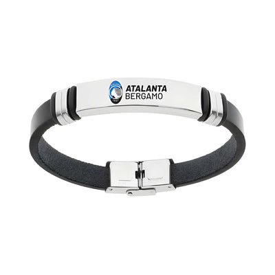Bracciale ufficiale Atalanta in acciaio 316L e pelle nera con piastra smaltata bicolor da 22 cm