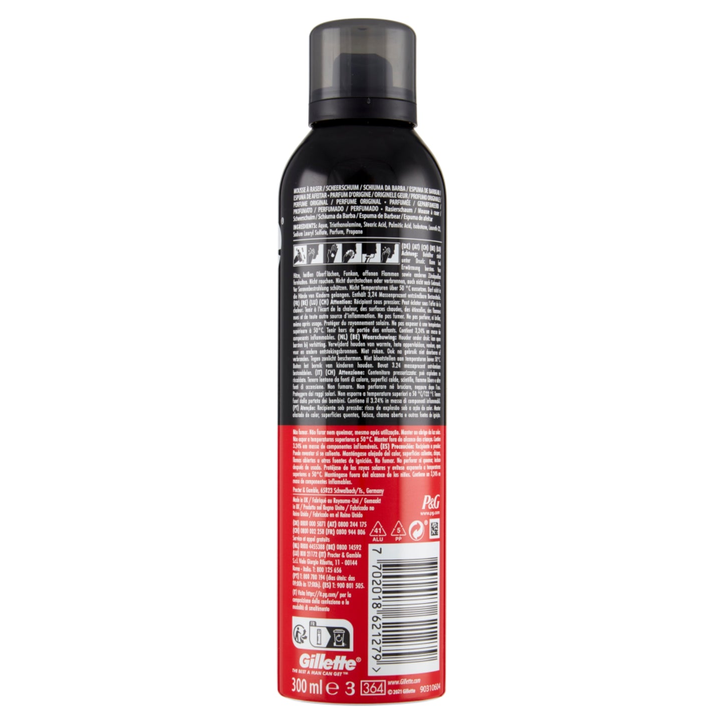 Schiuma da barba Gillette Classica Rossa 300ml vista frontale su sfondo bianco