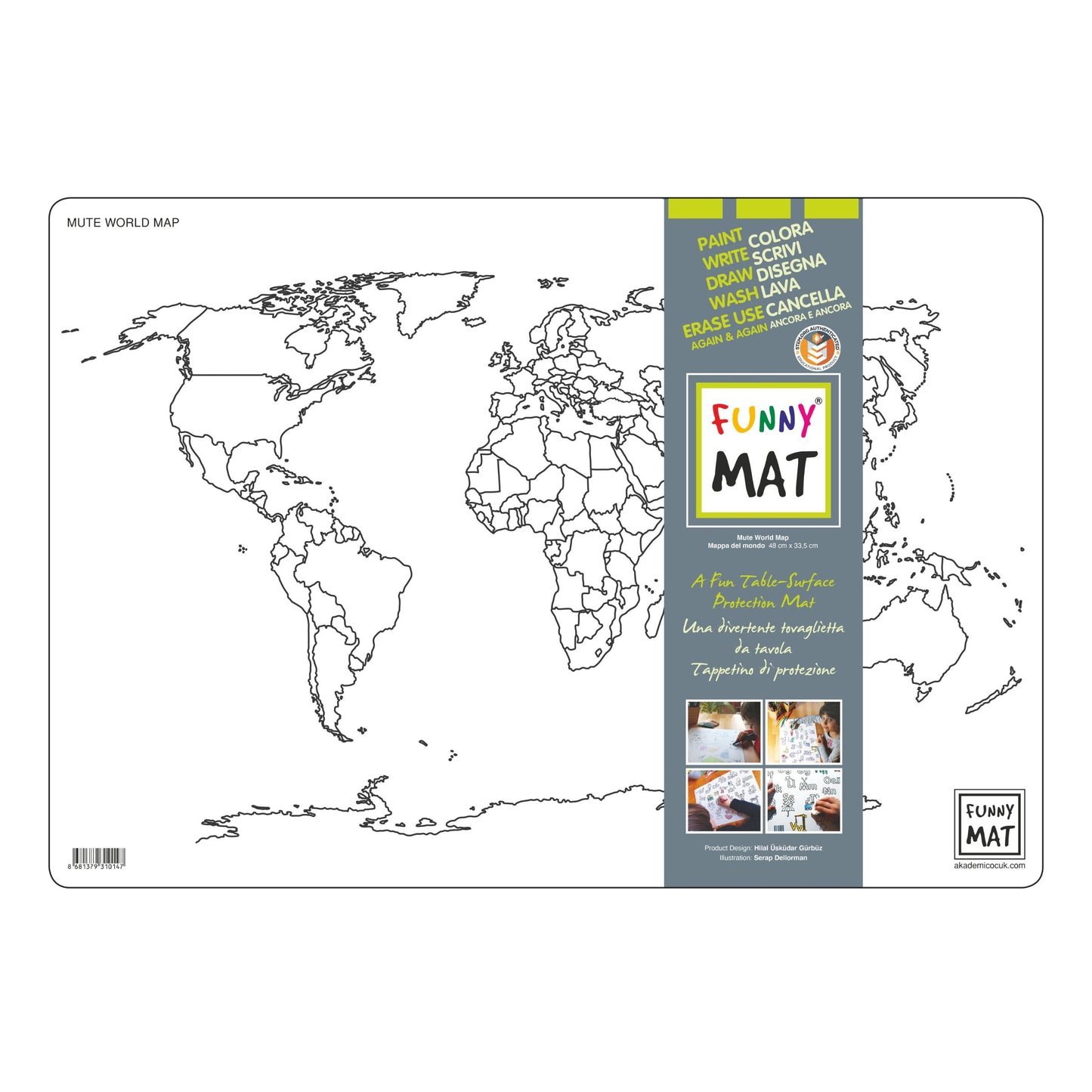 Funny Mat Tovaglietta Lavabile da Colorare Scienza e Cultura Mappa Mondo 48x33,5 cm