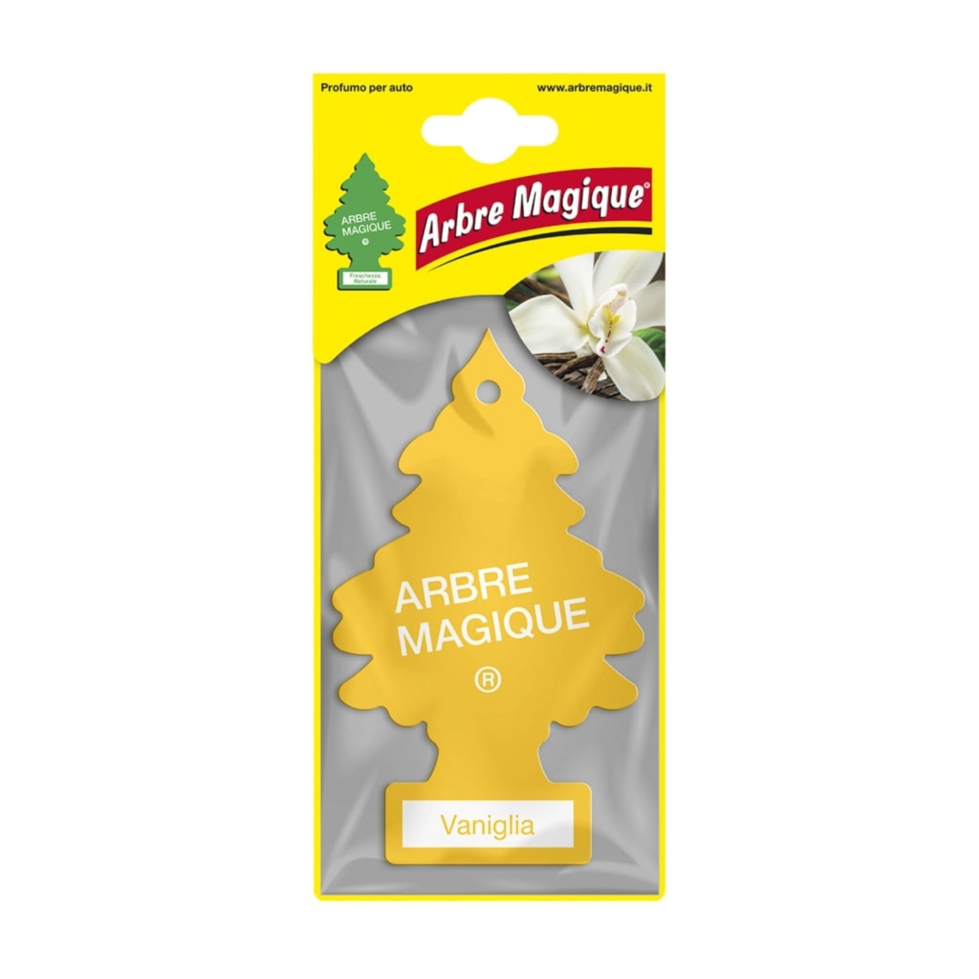 Deodorante auto Arbre Magique Vaniglia a forma di alberello, fragranza calda di vaniglia caramellata, cocco e ananas tropicale