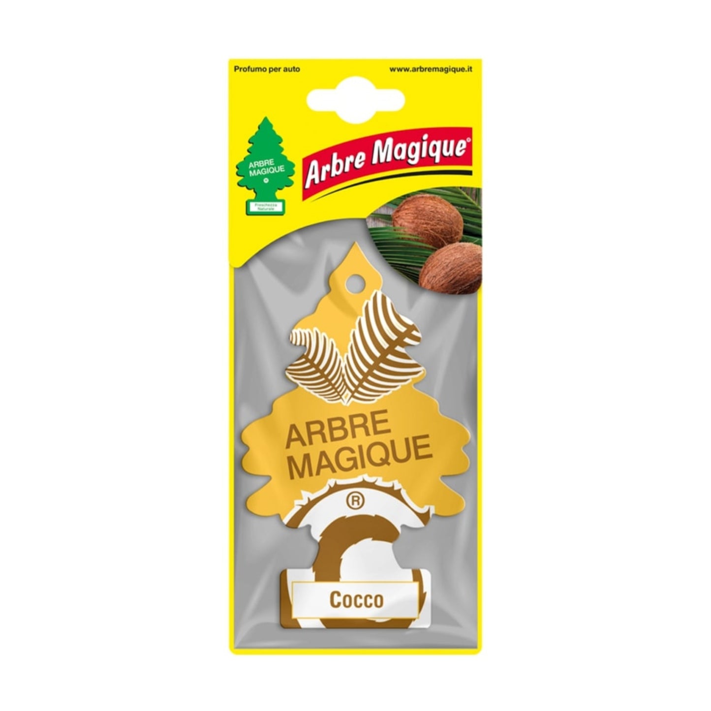 Deodorante auto Arbre Magique Cocco a forma di alberello, fragranza esotica di latte di cocco, agrumi e vaniglia