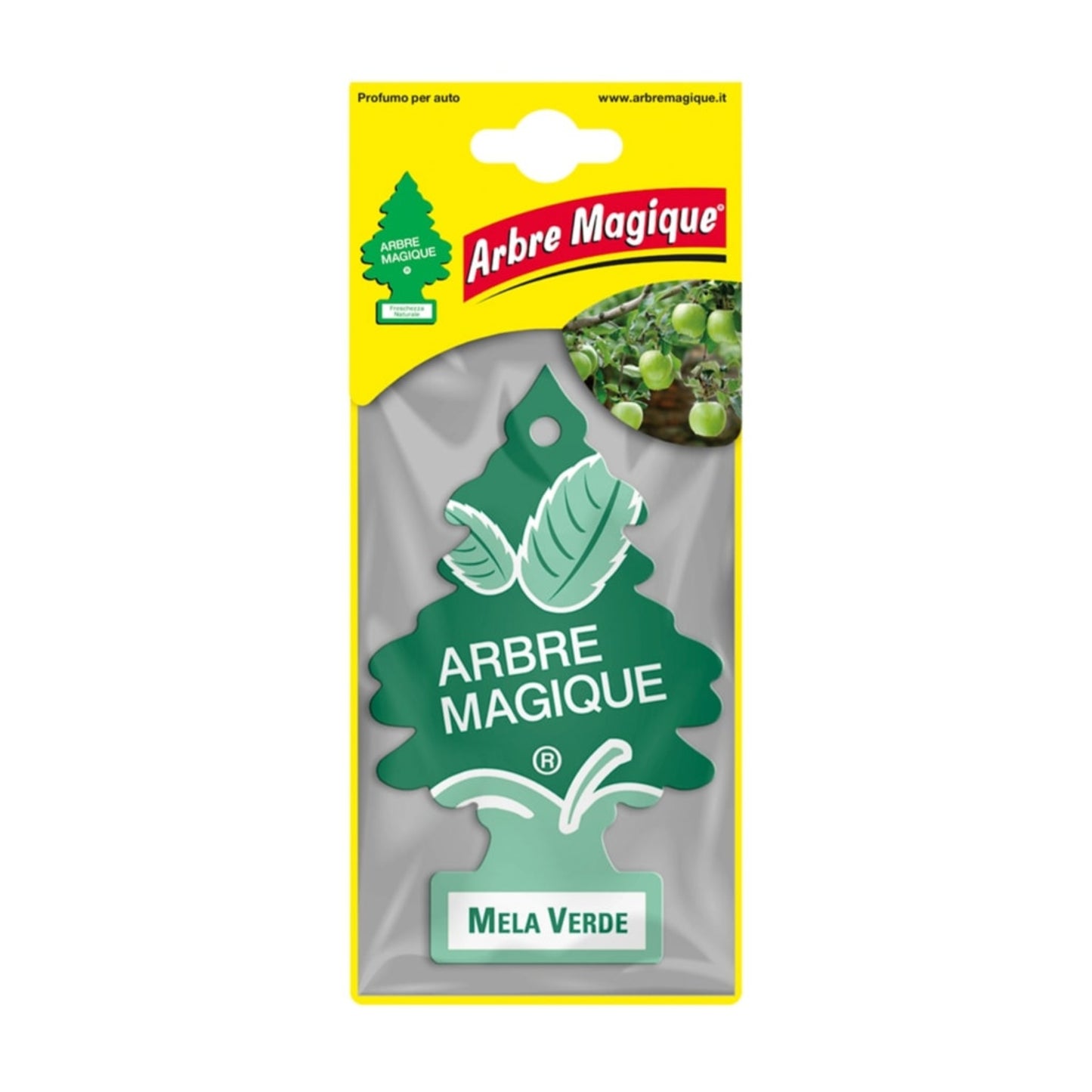 Deodorante auto Arbre Magique Mela Verde a forma di alberello, fragranza vivace di mela verde con fondo floreale e vaniglia