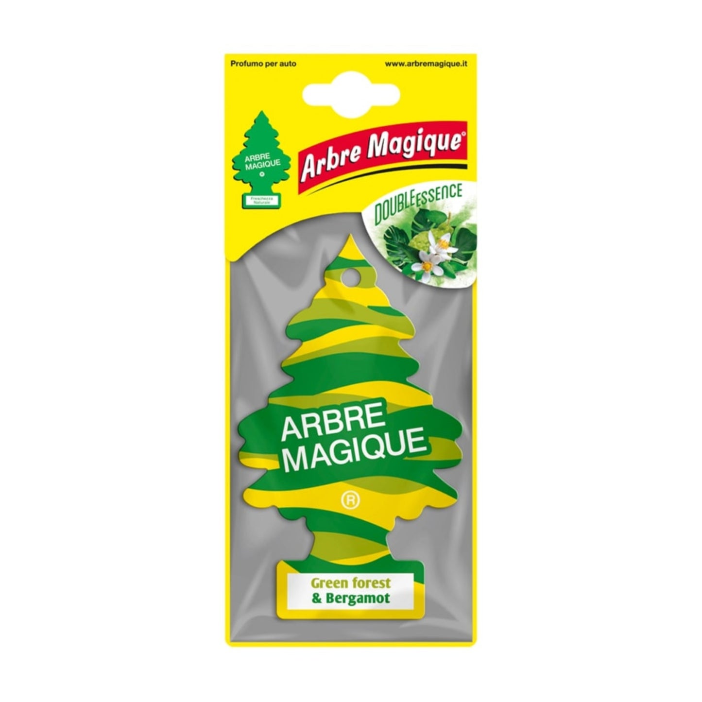 Deodorante auto Arbre Magique Green Forest Bergamot a forma di alberello, fragranza di sottobosco verde e bergamotto frizzante