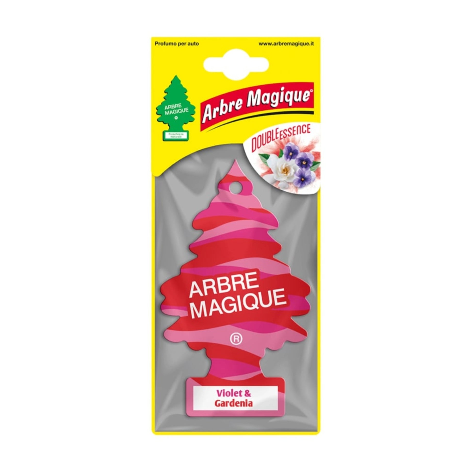 Deodorante auto Arbre Magique Violet Gardenia a forma di alberello, fragranza fiorita di violetta e gardenia con note legnose